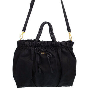 PRADA Ribbon Tessuto Fiocco Bow Braided handle Shoulder Bag Black